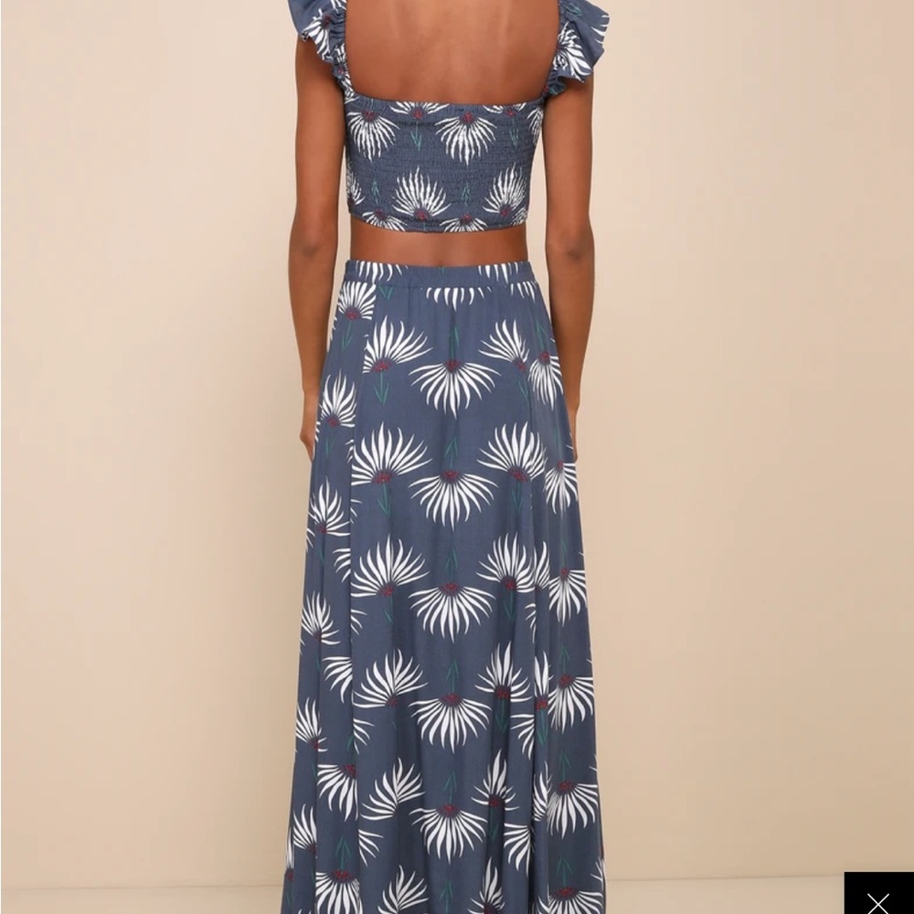 Trancoso Dusty Blue Floral Print Two-Piece Maxi Dress Size Small